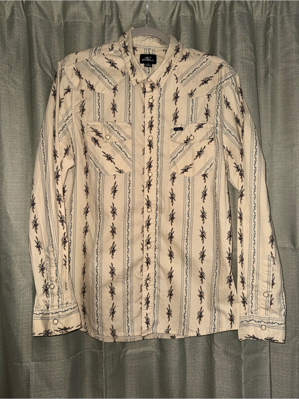 O'Neill Cream Button-Down Western Print Shirt with Brown & Blue Accents